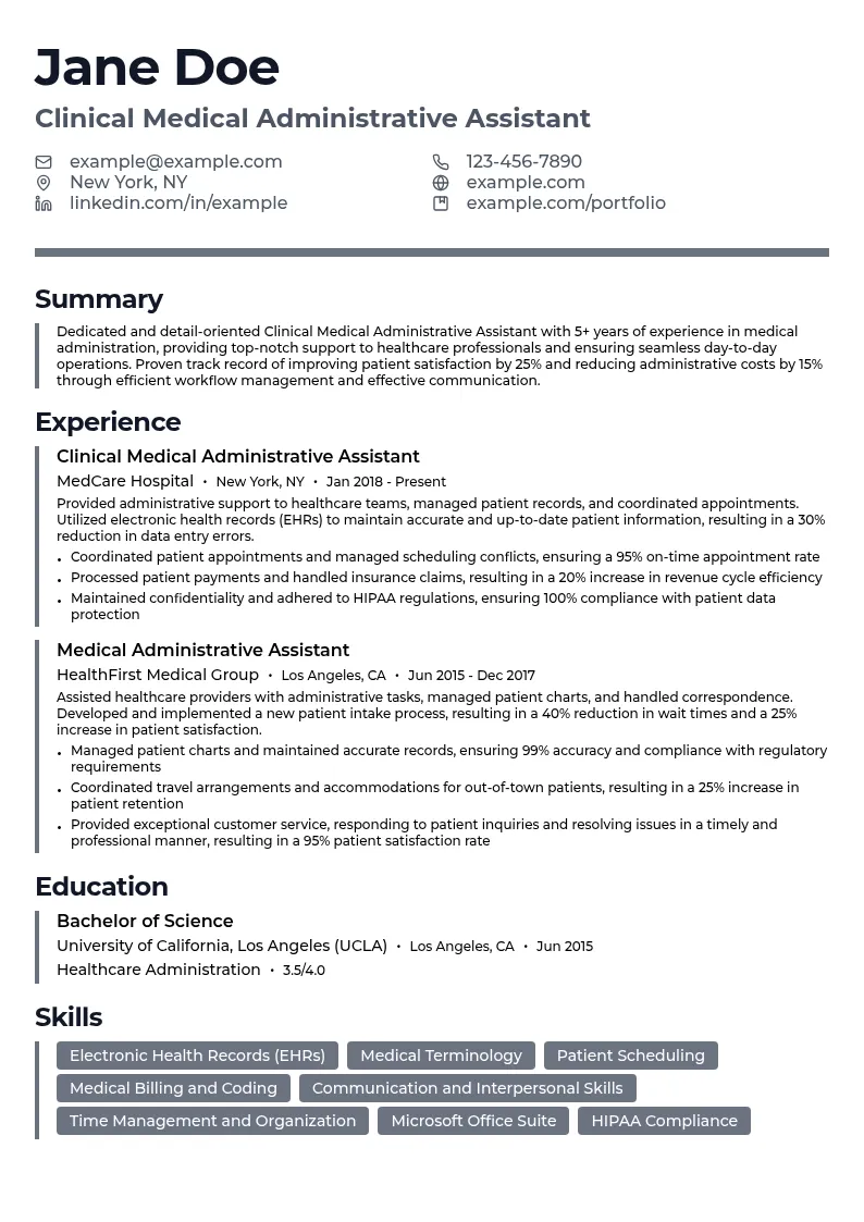 Clinical Medical Administrative Assistant resume example