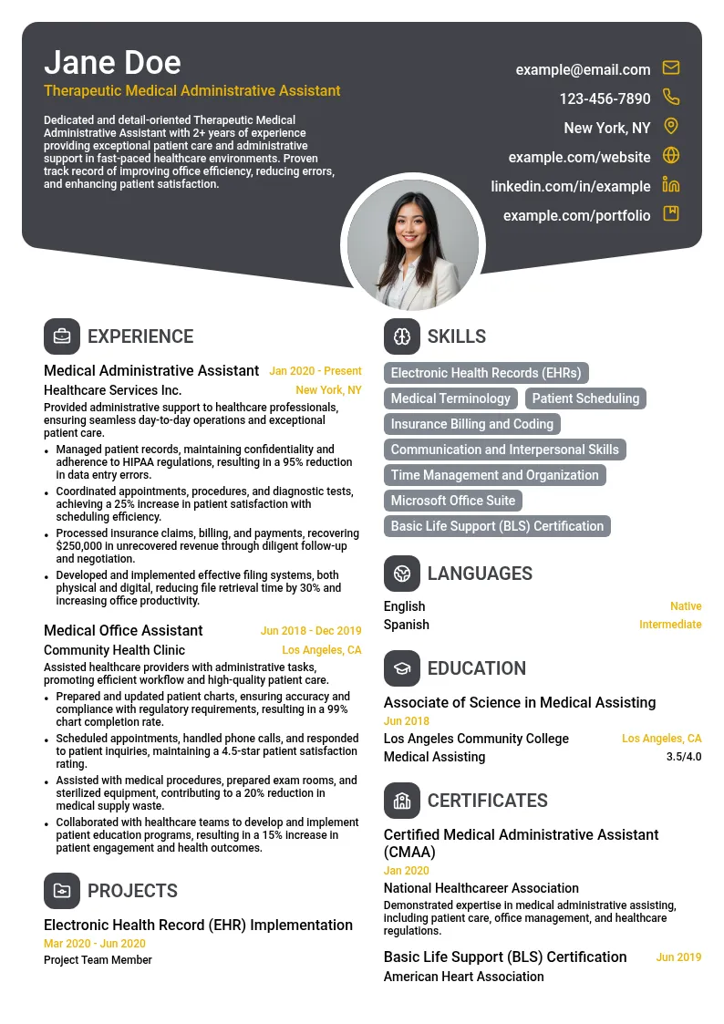 Therapeutic Medical Administrative Assistant resume example