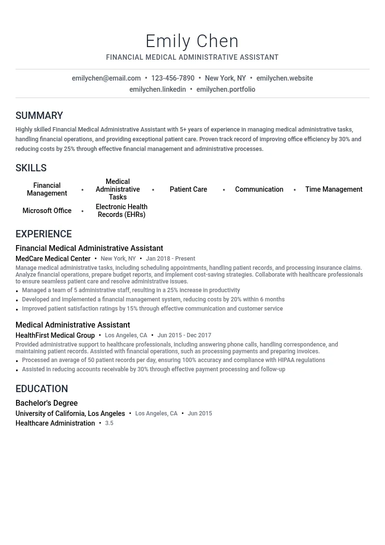 Financial Medical Administrative Assistant resume example