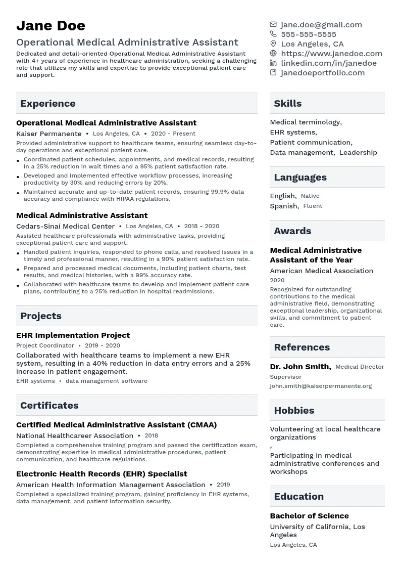 Operational Medical Administrative Assistant resume example