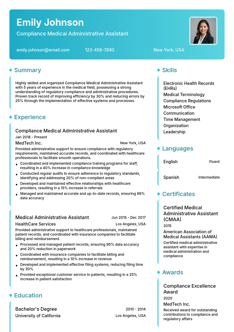 Compliance Medical Administrative Assistant resume example