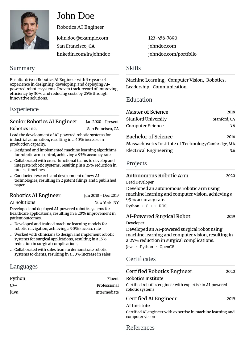 Robotics AI Engineer resume example