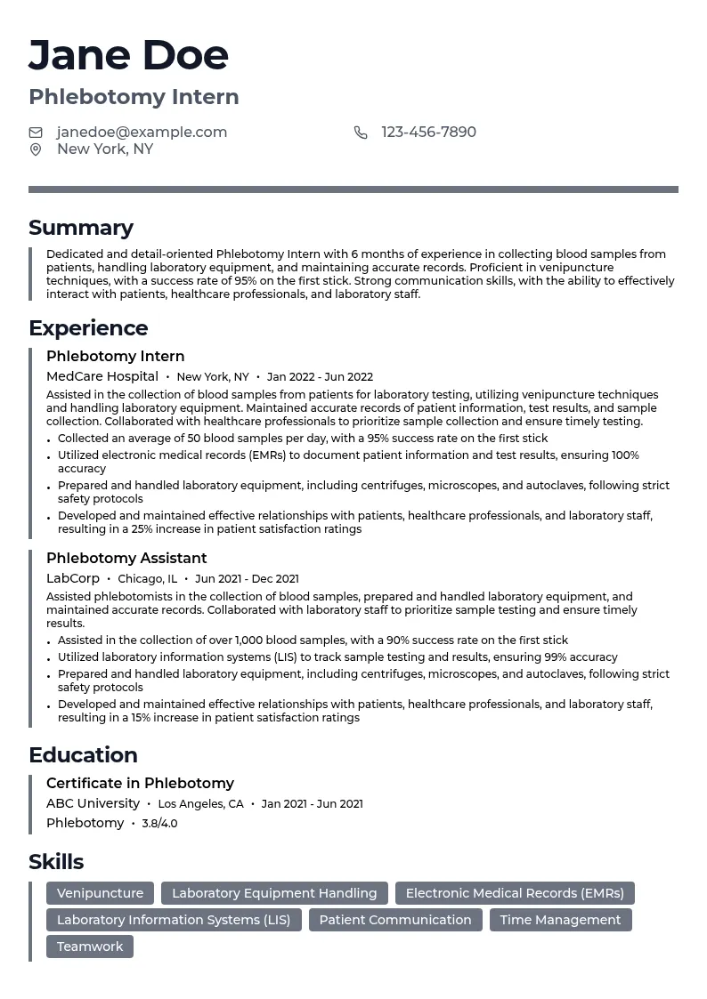 Phlebotomy Intern resume example