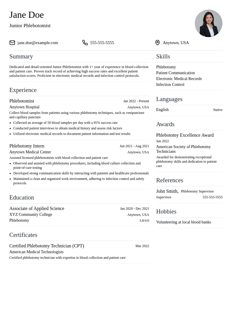 Junior Phlebotomist resume example