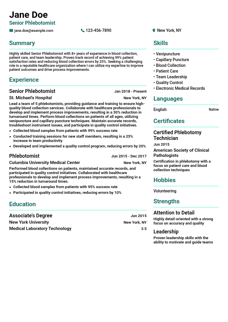 Senior Phlebotomist resume example