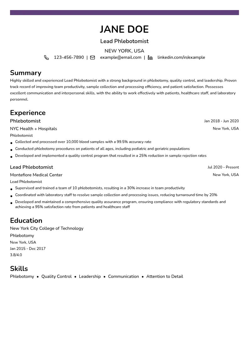 Lead Phlebotomist resume example