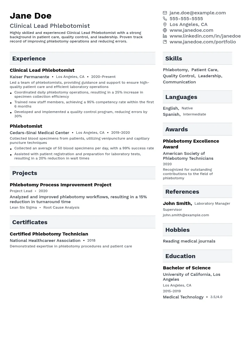 Clinical Lead Phlebotomist resume example
