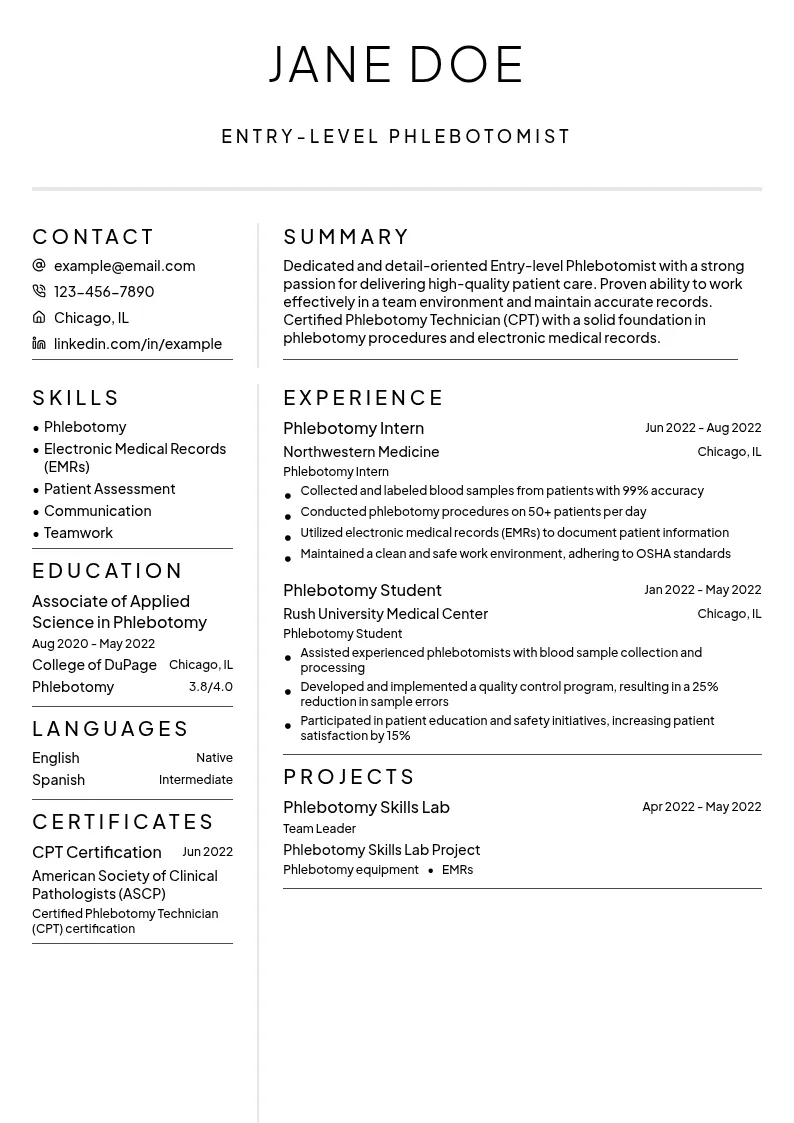 Entry-level Phlebotomy resume example