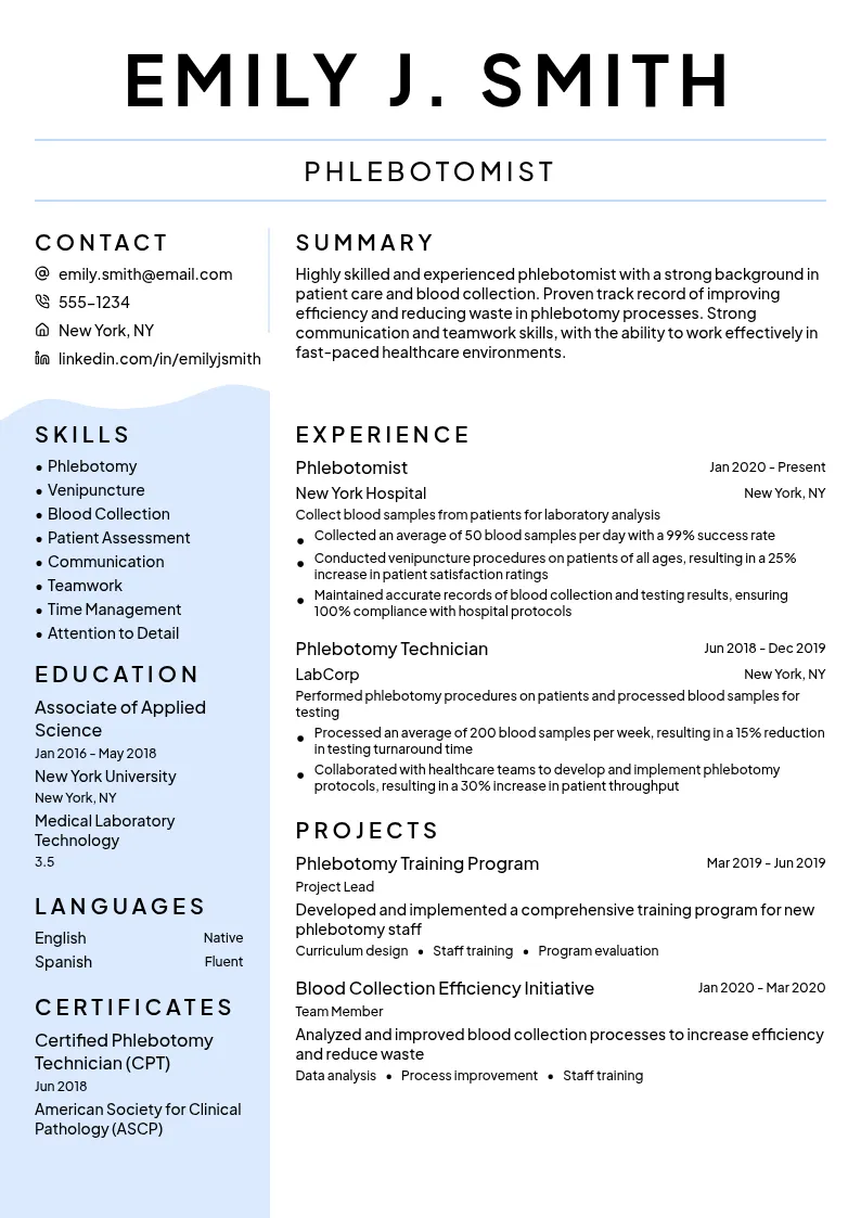 General Phlebotomy resume example