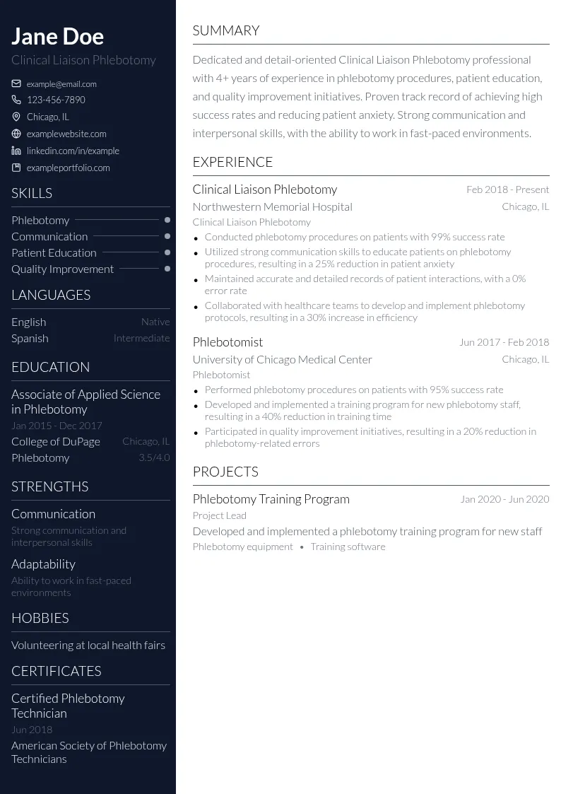 Clinical Liaison Phlebotomy resume example