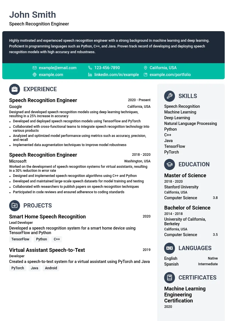 Speech Recognition Engineer resume example