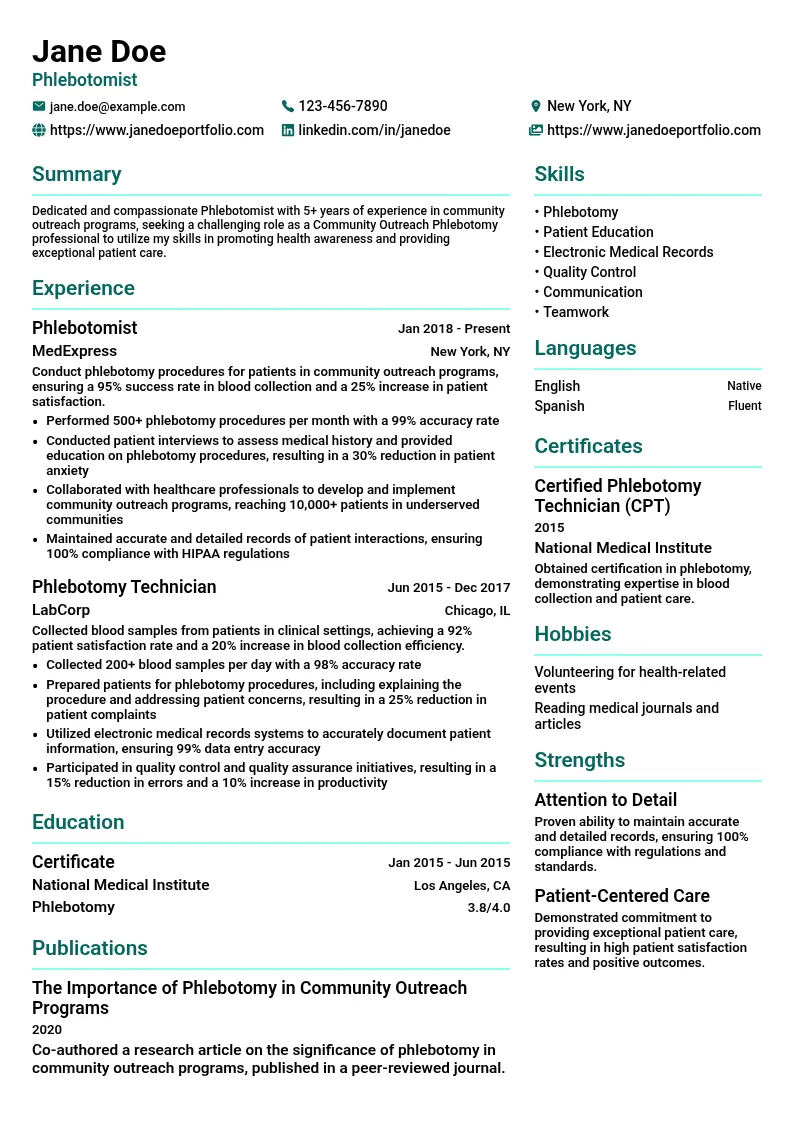 Community Outreach Phlebotomy resume example