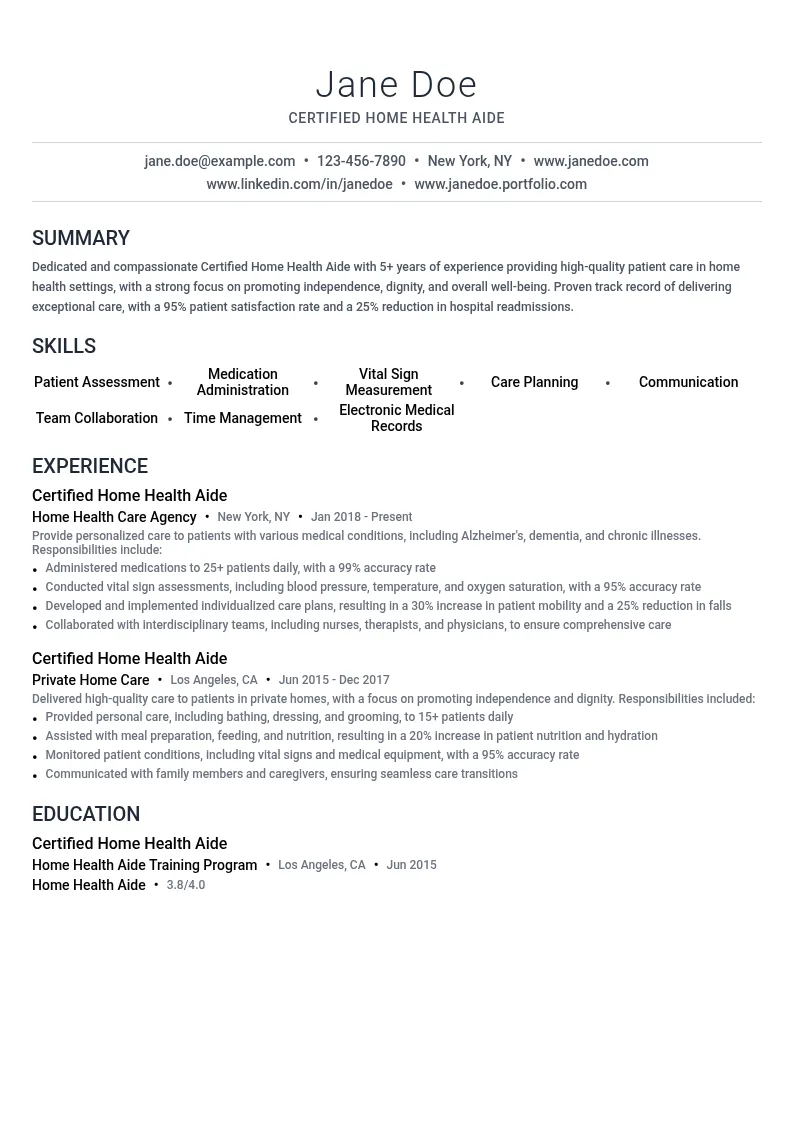 Certified Home Health Aide resume example