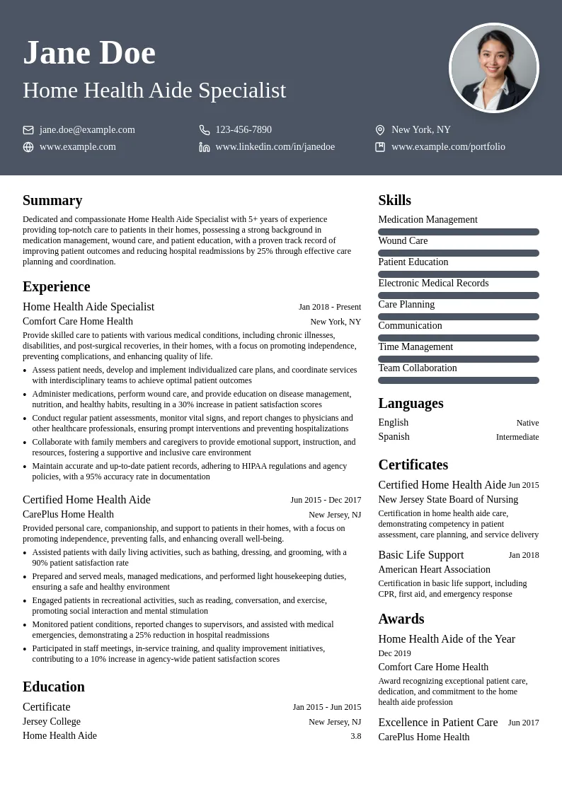 Home Health Aide Specialist resume example
