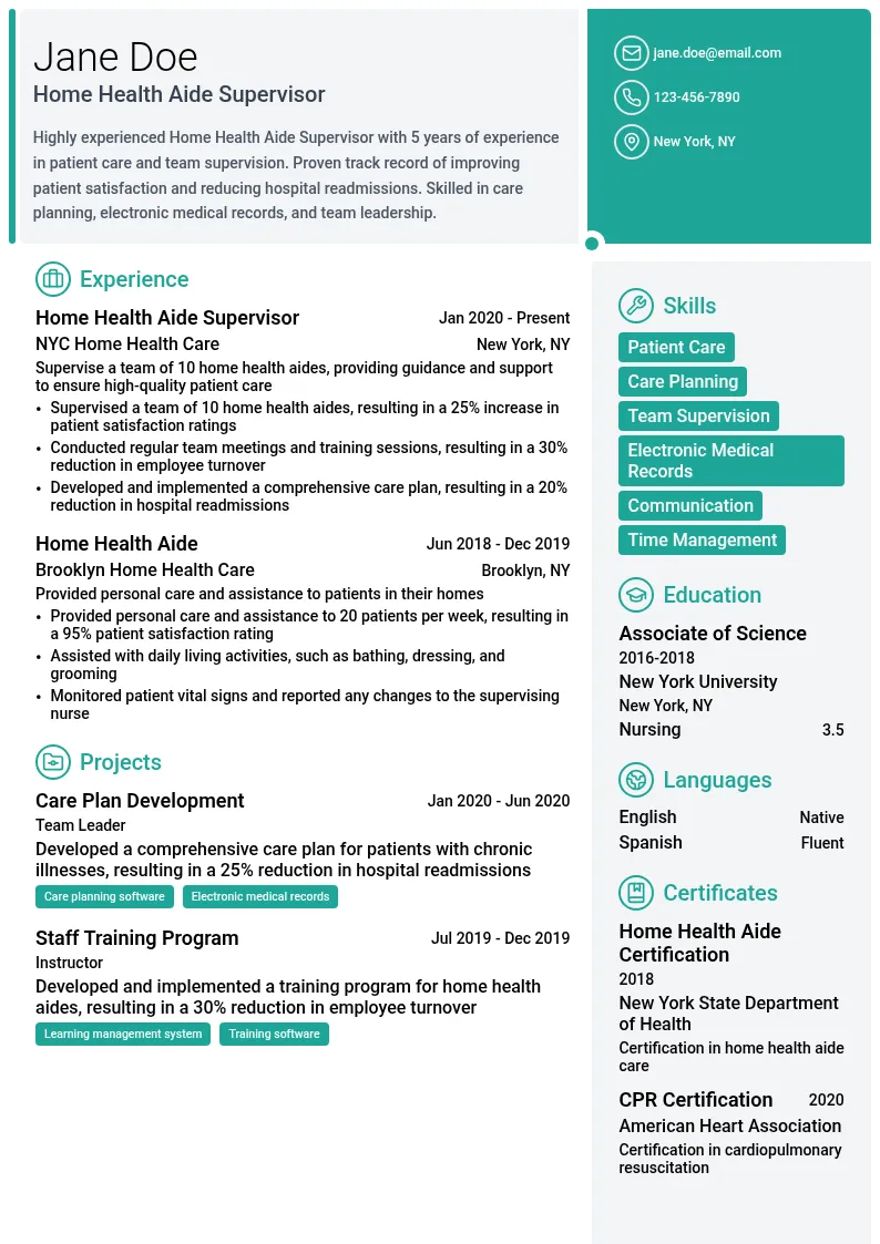 Home Health Aide Supervisor resume example