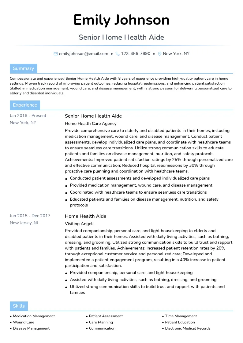 Senior Home Health Aide resume example