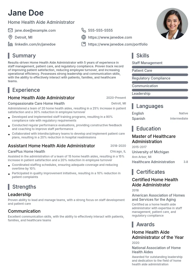 Home Health Aide Administrator resume example