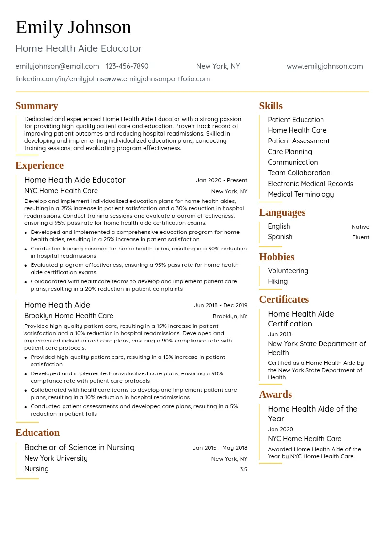 Home Health Aide Educator resume example
