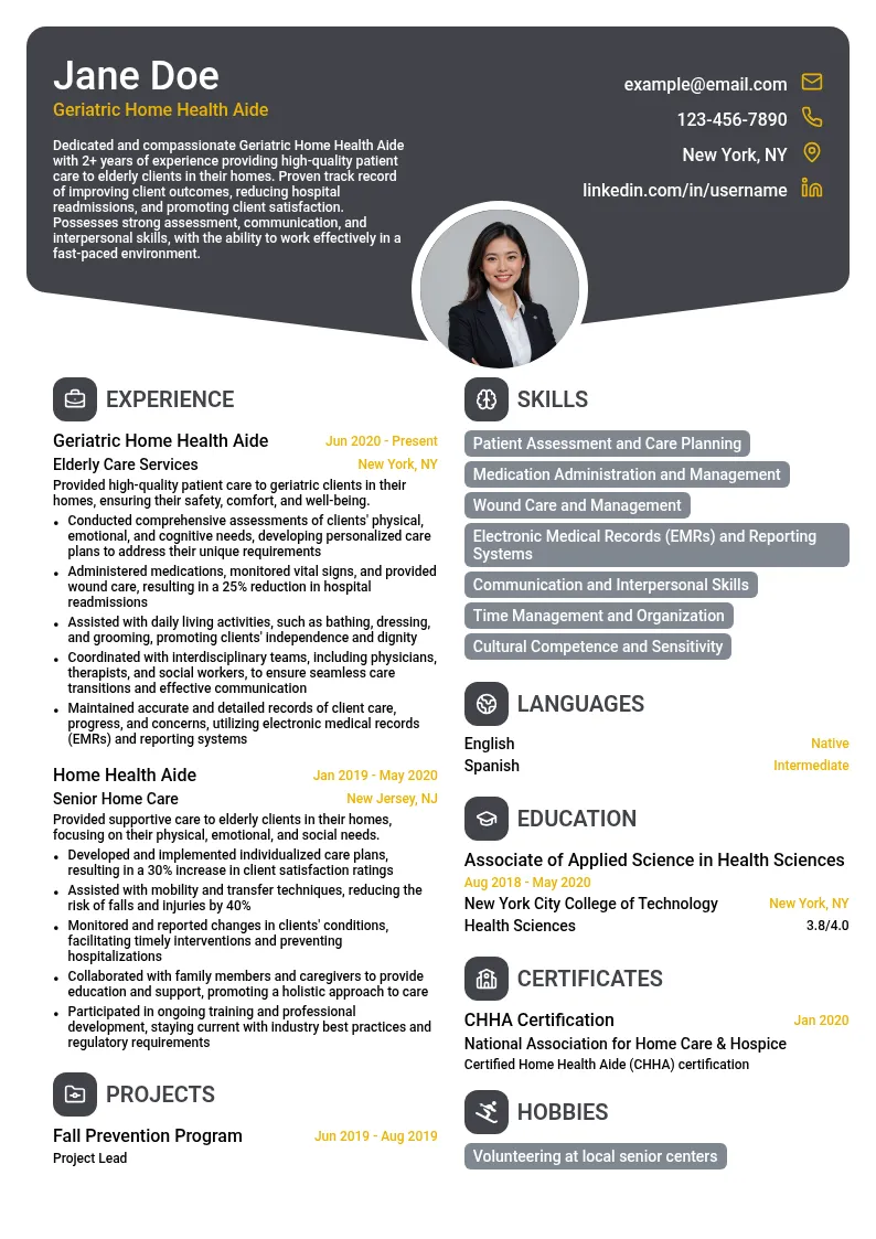 Geriatric Home Health Aide resume example