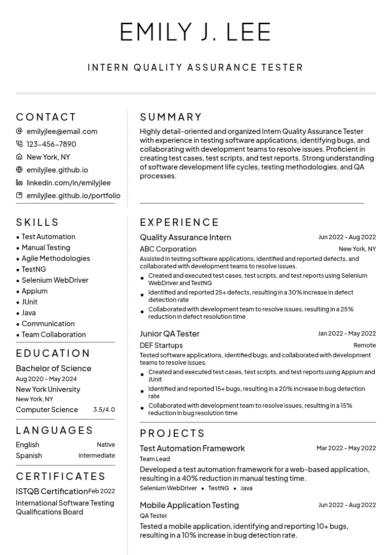 Intern Quality Assurance Tester resume example