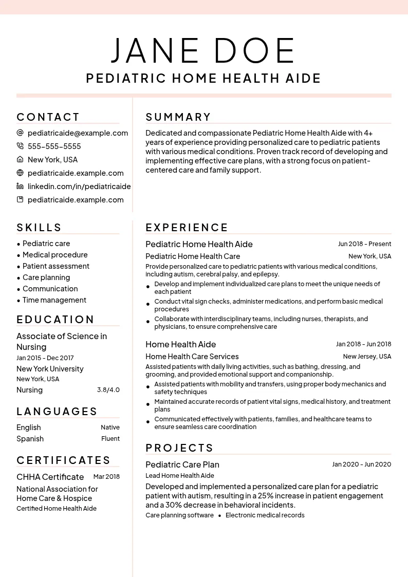 Pediatric Home Health Aide resume example
