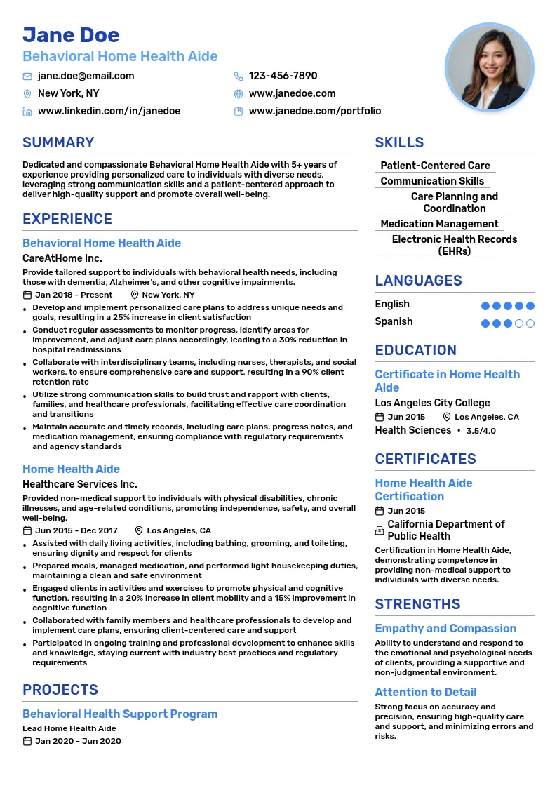 Behavioral Home Health Aide resume example