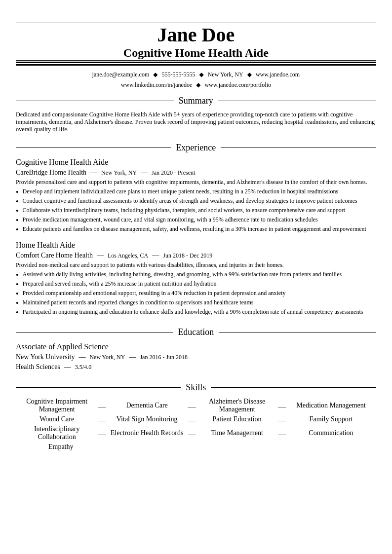 Cognitive Home Health Aide resume example
