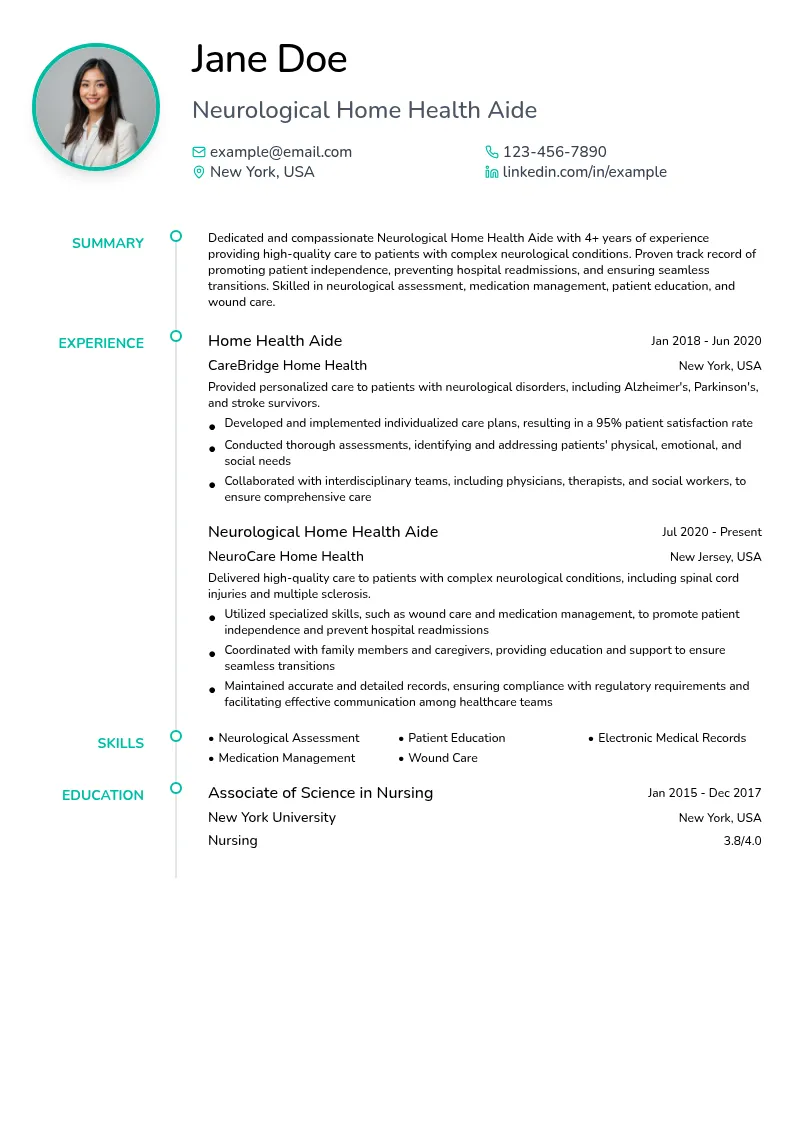Neurological Home Health Aide resume example