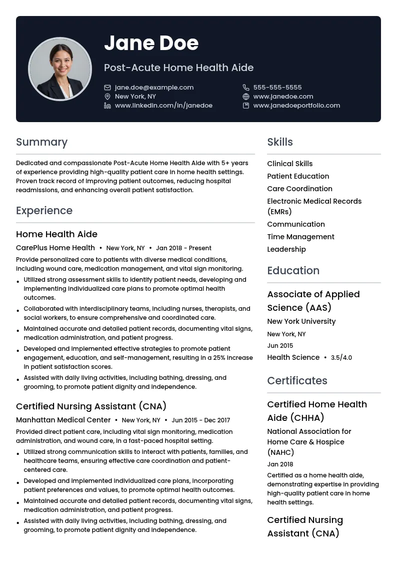 Post-Acute Home Health Aide resume example