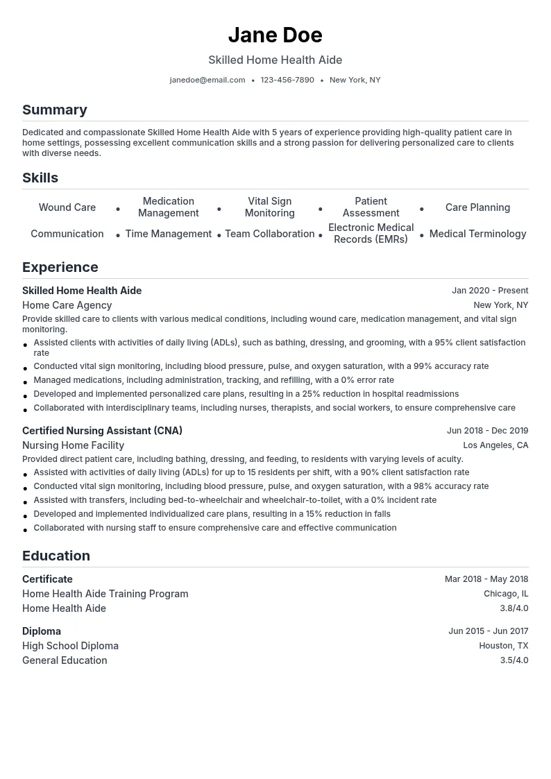 Skilled Home Health Aide resume example