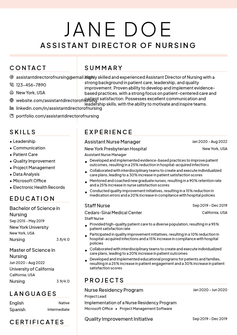 Assistant Director of Nursing resume example