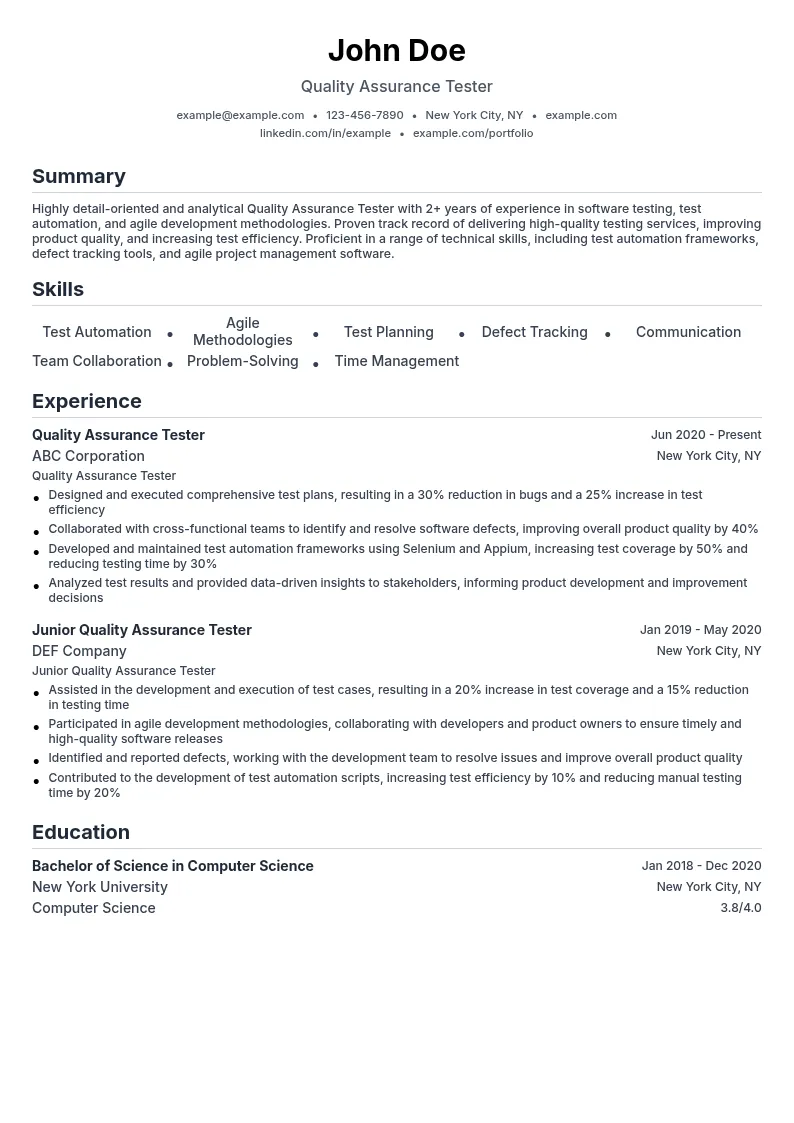 Quality Assurance Tester resume example