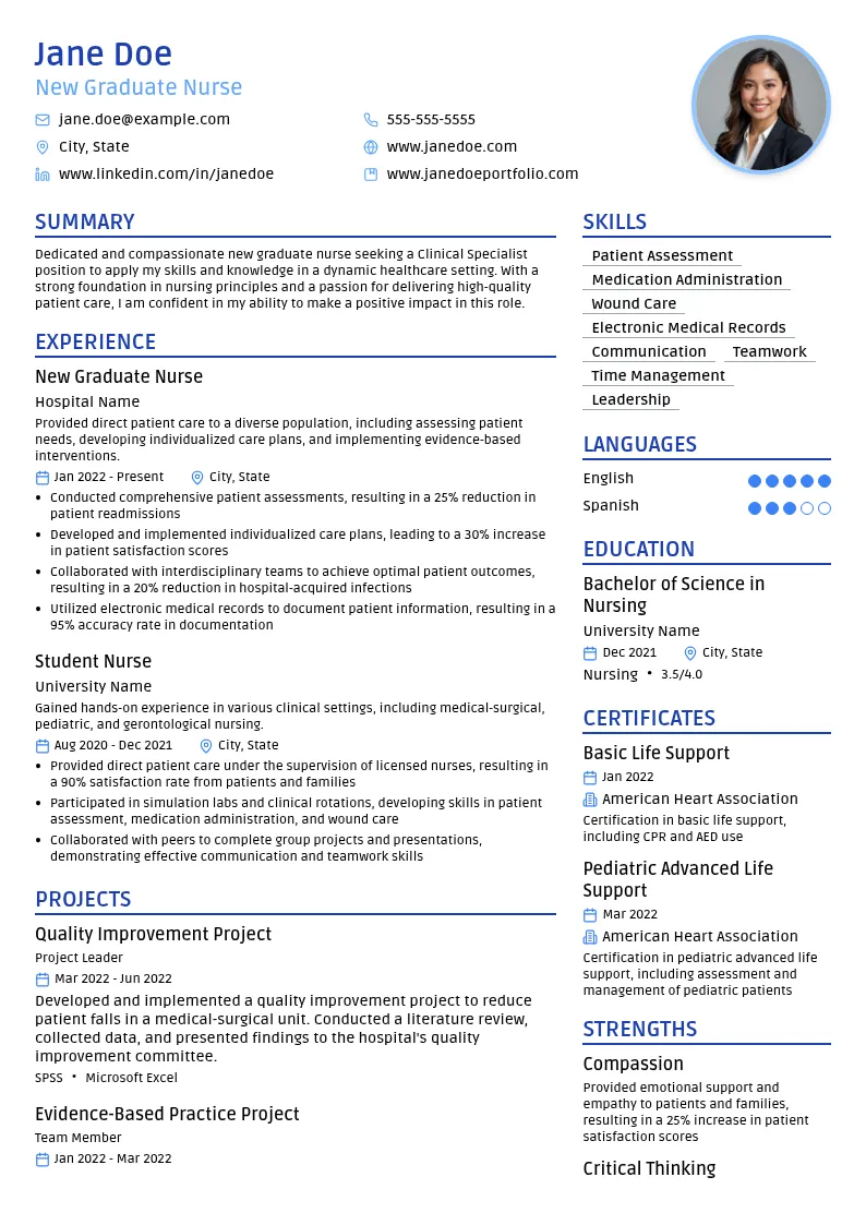 Clinical Specialist - New Graduate Nursing resume example