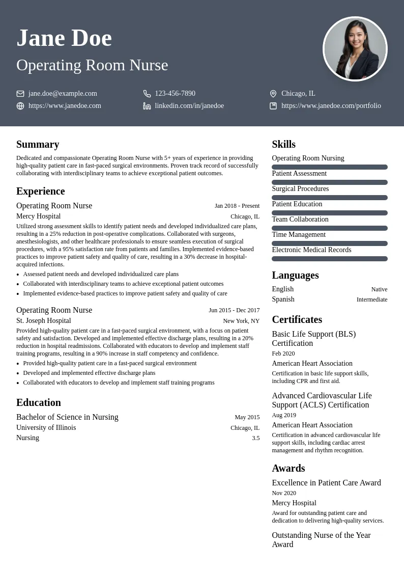 Operating Room Nurse resume example