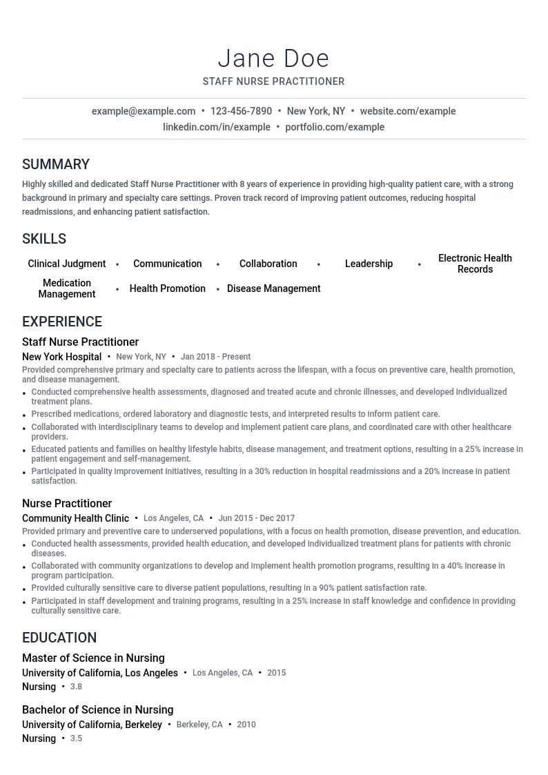 Staff Nurse Practitioner resume example