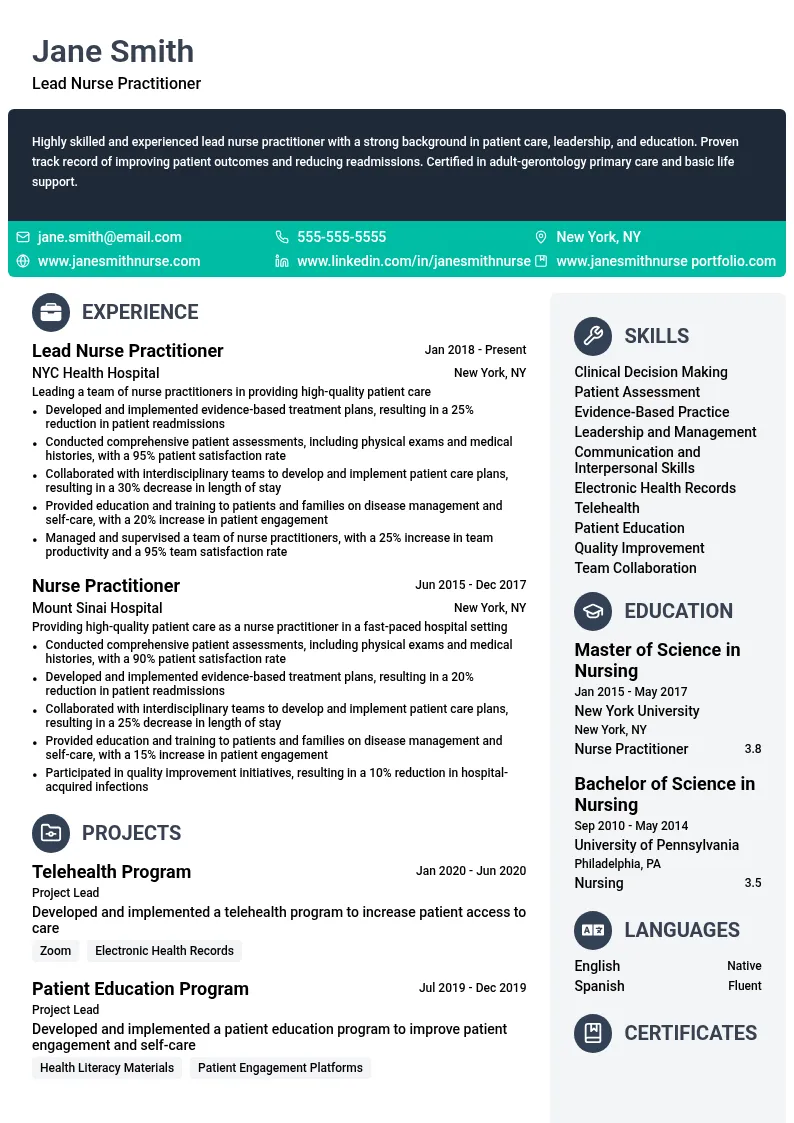 Lead Nurse Practitioner resume example
