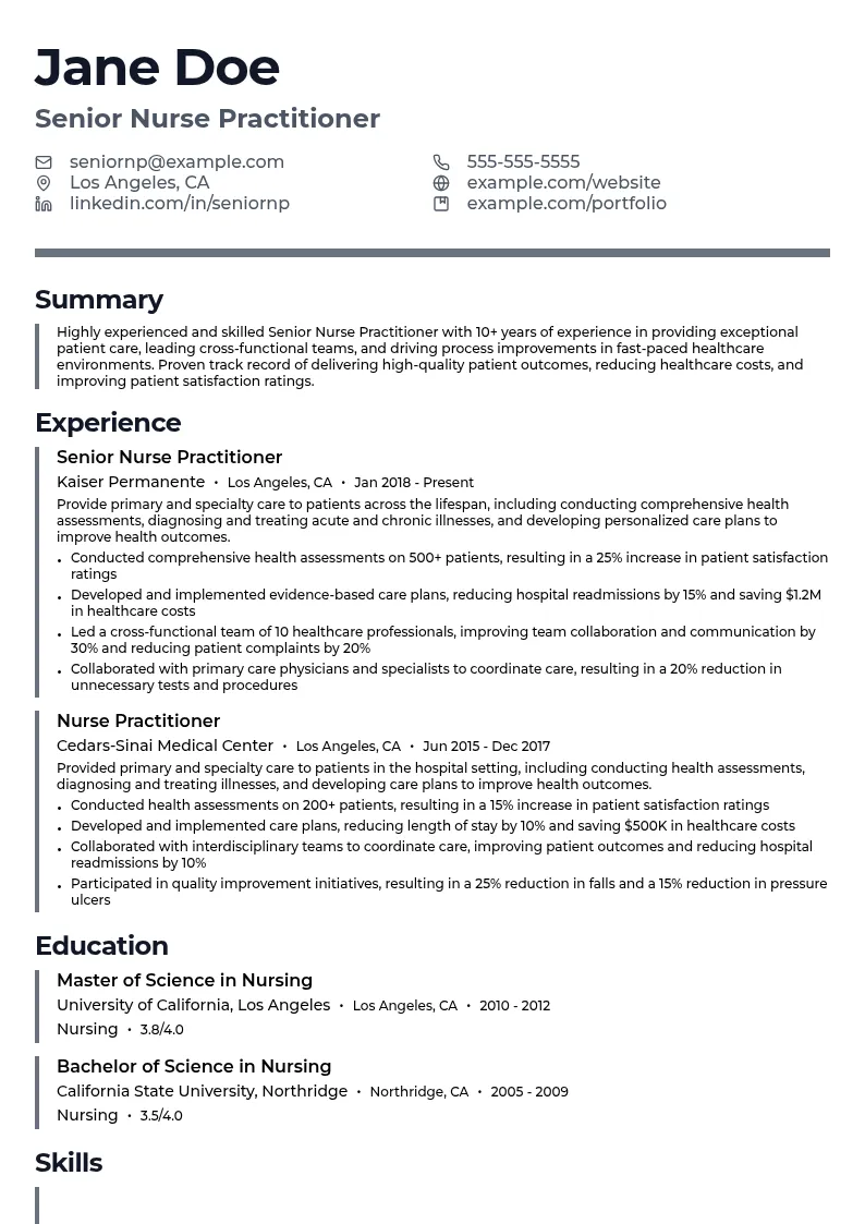 Senior Nurse Practitioner resume example