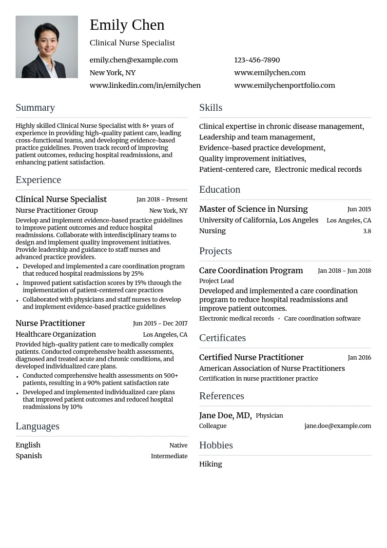 Clinical Nurse Specialist resume example