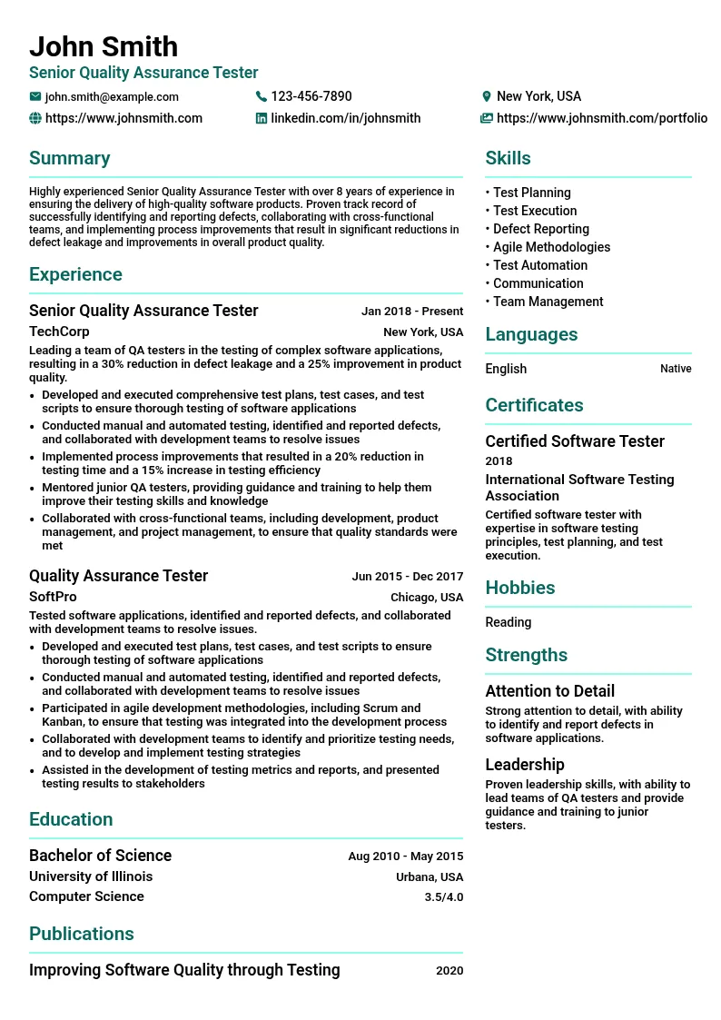 Senior Quality Assurance Tester resume example