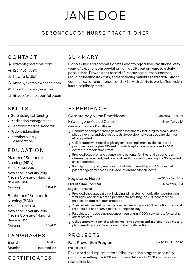 Gerontology Nurse Practitioner resume example
