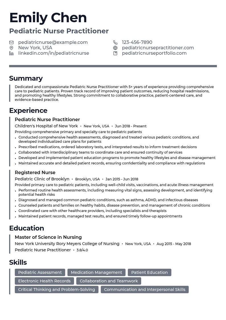 Pediatric Nurse Practitioner resume example