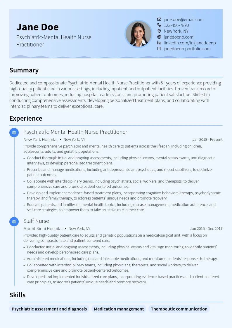 Psychiatric-Mental Health Nurse Practitioner resume example
