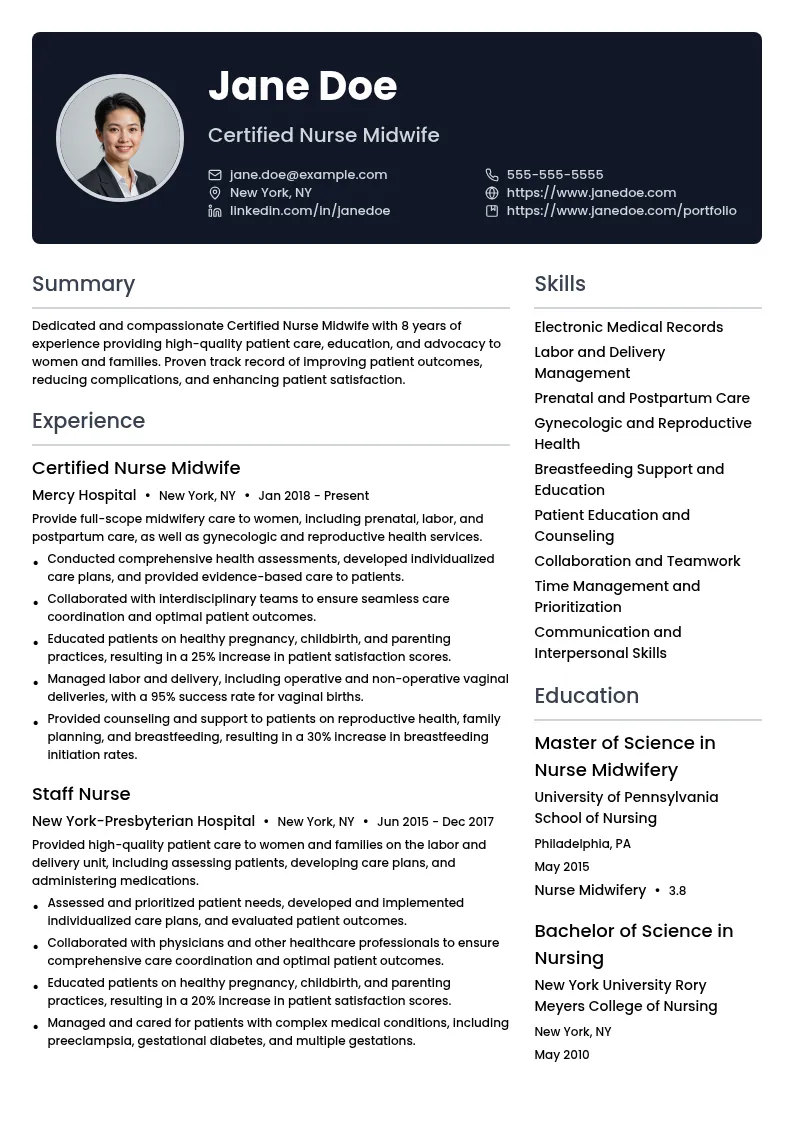 Certified Nurse Midwife resume example