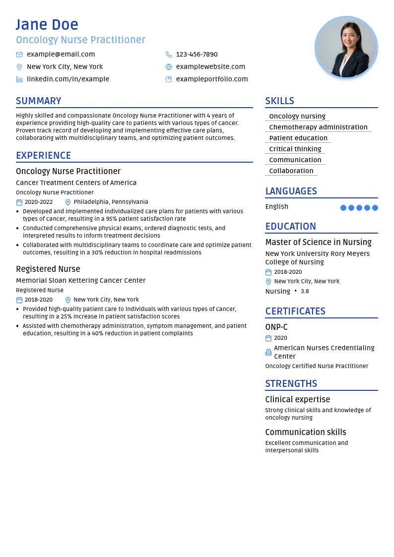 Oncology Nurse Practitioner resume example
