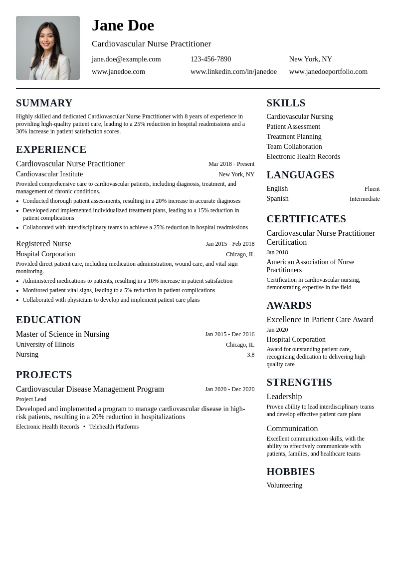 Cardiovascular Nurse Practitioner resume example