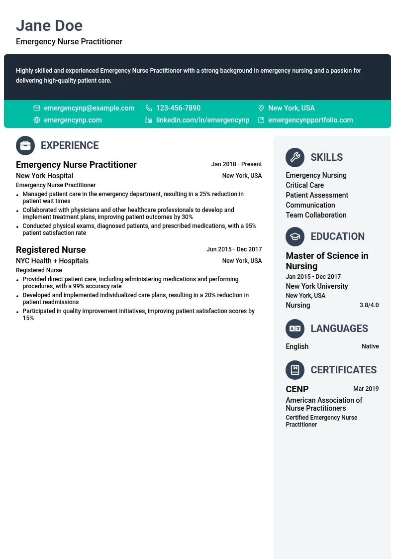 Emergency Nurse Practitioner resume example
