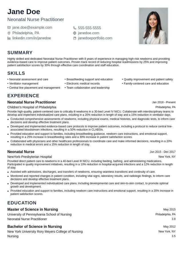 Neonatal Nurse Practitioner resume example