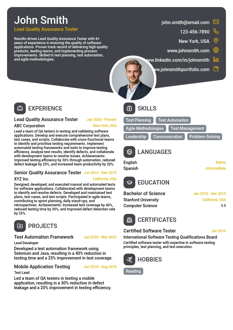 Lead Quality Assurance Tester resume example