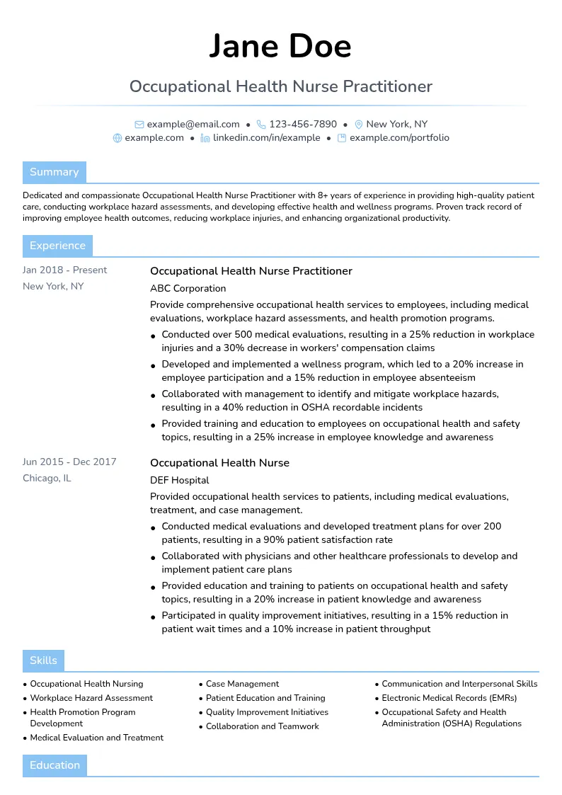 Occupational Health Nurse Practitioner resume example