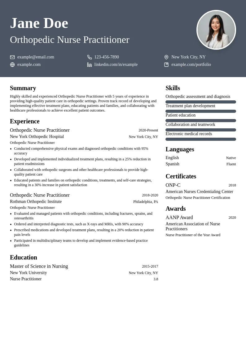 Orthopedic Nurse Practitioner resume example